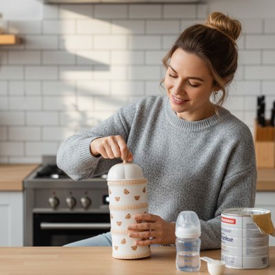 Boite doseuse lait utiser par une maman à la maison 