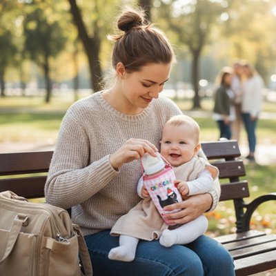 Porte biberon  entre les mains d'une maman toute heureuse 