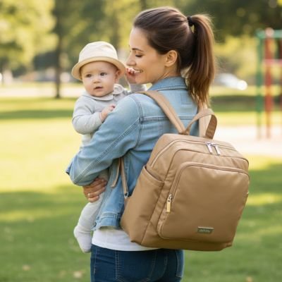 Sac a dos a langer Marron sur le dos de maman tenant un bébé dans les bras 
