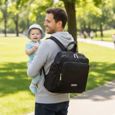 Sac a dos a langer noir sur le dos de papa qui tient un bébé