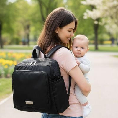 Sac a dos a langer noire sur le dos de maman portant un bébé