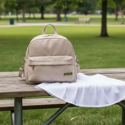 Sac a langer a dos  beige sur une table 