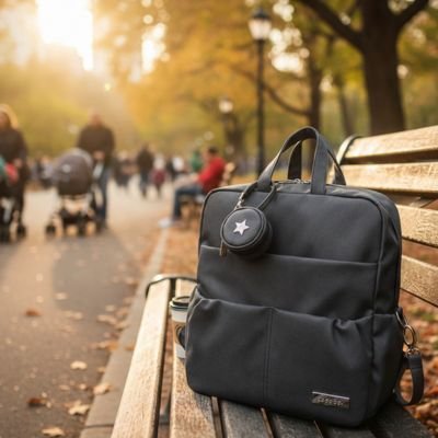 Sac a langer a dos  deposer sur un banc au bord de route 