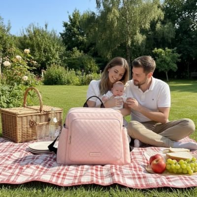 Sac a langer bebe rose pres des parents de bébé