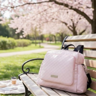 Sac a langer bebe rose sur un banc dans un parc 