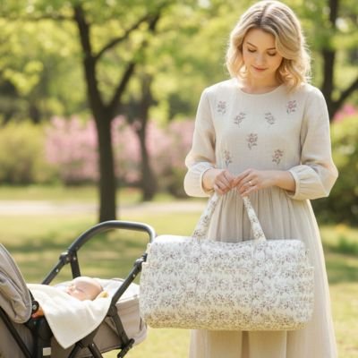 Sac a langer  dans les mains de mamn près de la poussette 